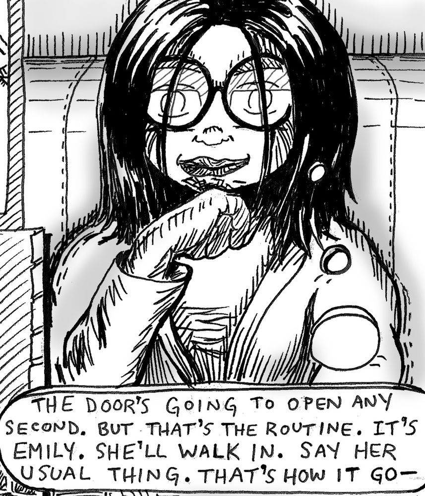 Black and white ink comic. JC is at her usual spot in Bunny Brews, anticipating Em walking through the do—