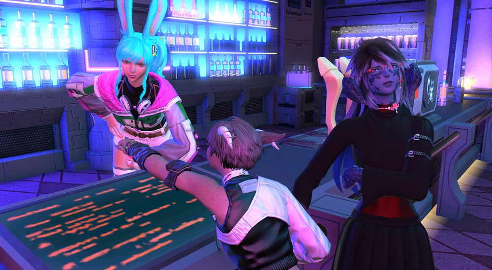 a better close up of the bartender who flirts with you if your a fem char and the blue lizard who looks annoyed but i assure you she is watching television on the bar wall cause all bars have tv's mounted on their walls. yes even S9 does but only in this instance.