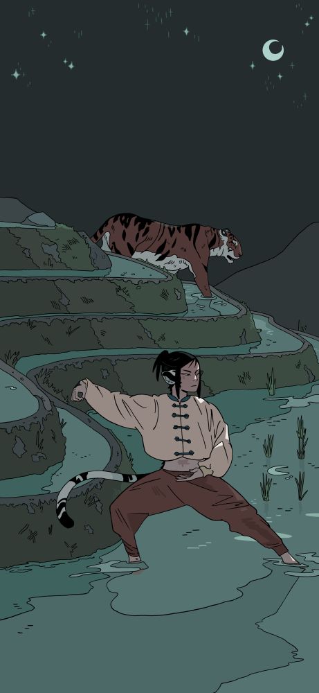 Tiger and young man in tiered rice fields practicing martial arts at night
