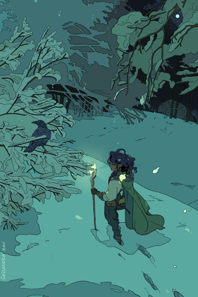 A warlock nervously walking through the snow at night with his crow familiar. The bear and hunter dressed as a bear hide in the back.
