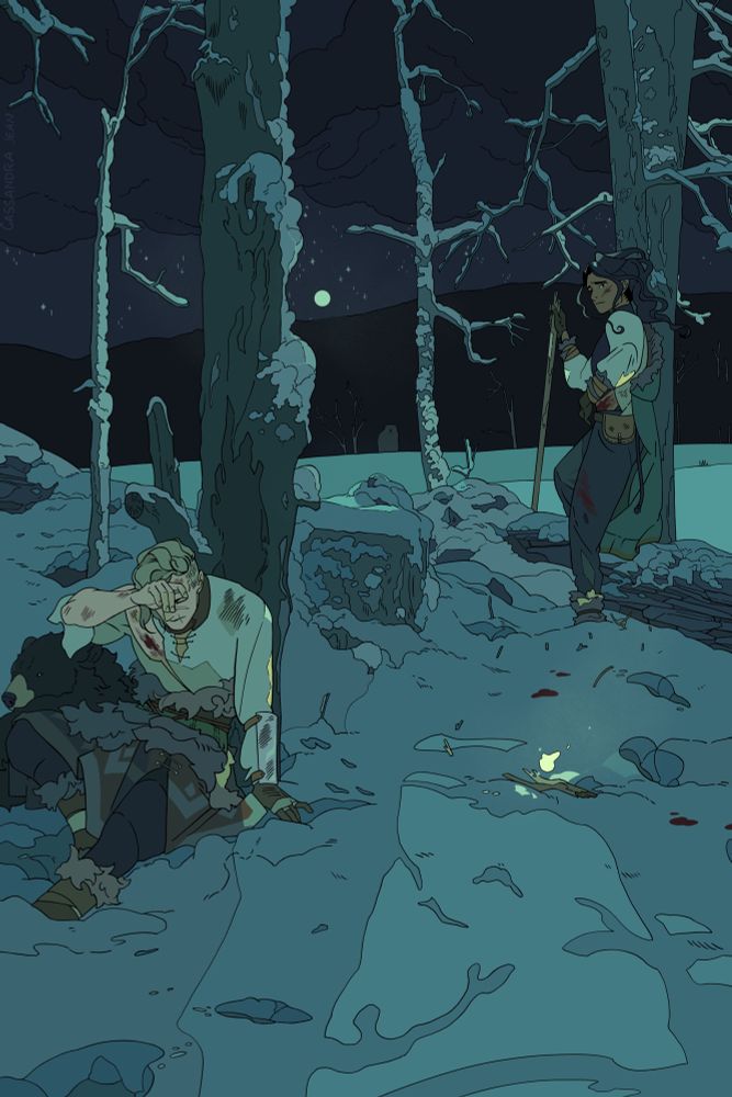 The aftermath of a battle. The hunter is exhausted and the warlock injured. But the warlock looks back with pity