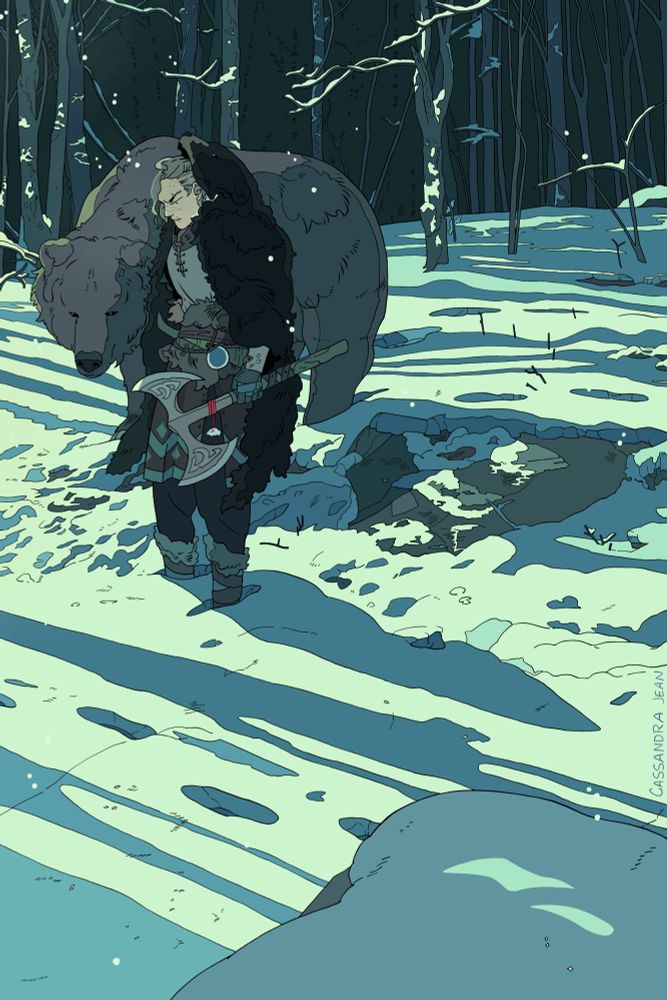 A man hunting in the snow beside a bear familiar. 