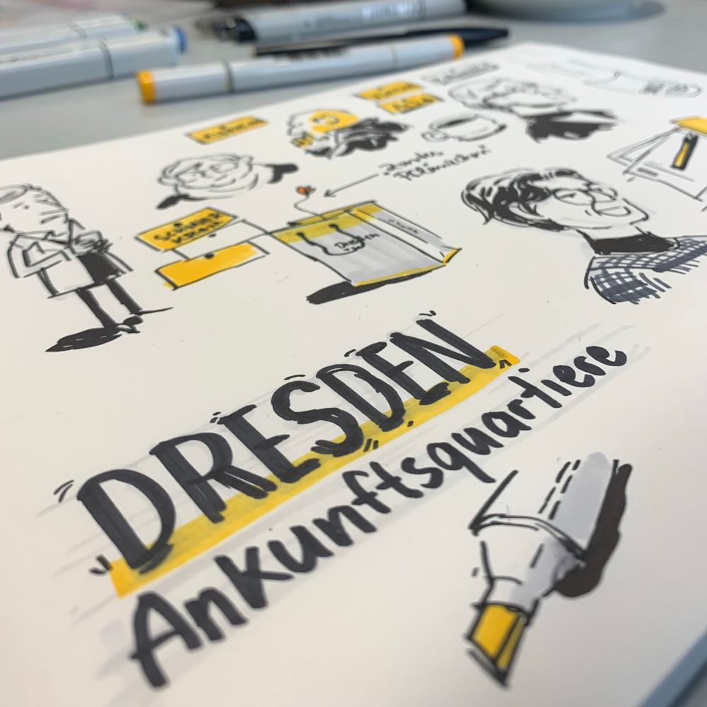Ein Blatt mit Sketchnotes, vorne steht Dresden Ankunftsquartiere, dahinter Skizzen verschiedener Menschen. Im Hintergrund eine Kiste mit Stiften. 