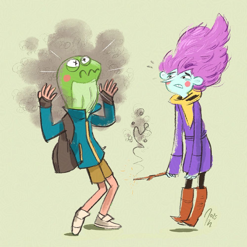 A young wizard who has turned another child's head into a frog's head. Smoke is still coming out of the magic wand. 