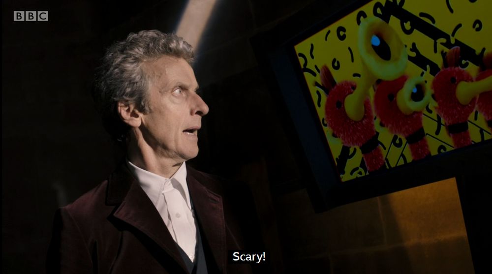 The 12th Doctor looks at a screen displaying Dugga Doo and exclaims "Scary!". You'd be scared too if you were trapped there for 4.5 billion years. 