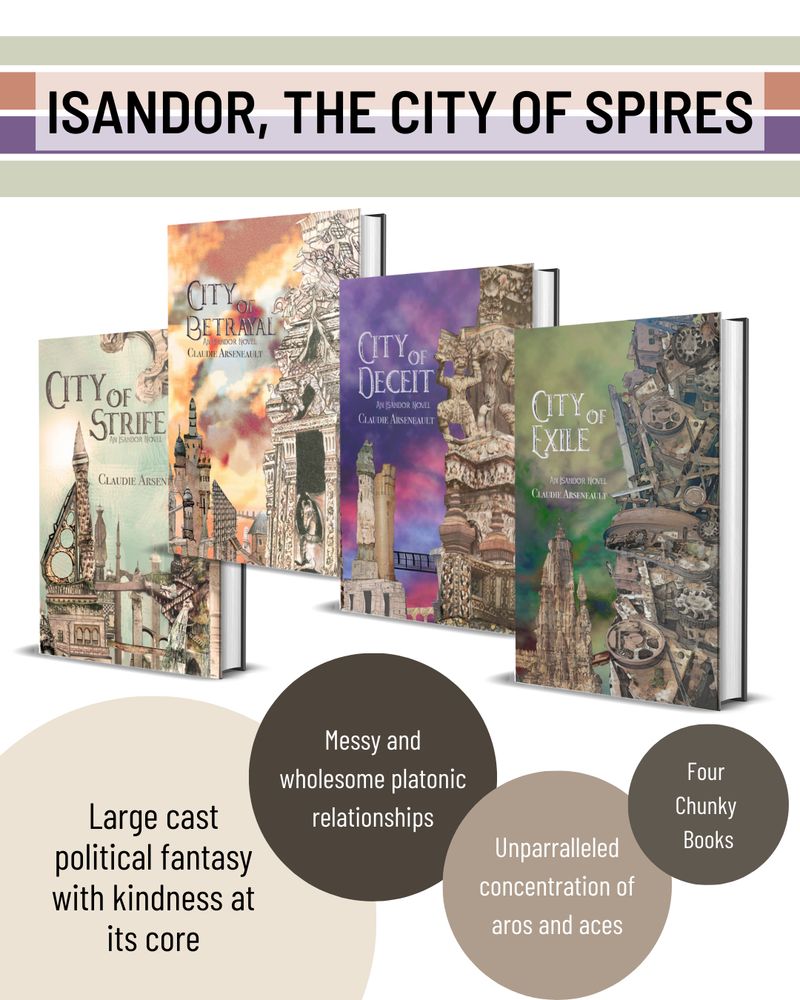 A spread of four books with covers that all depict towers in different architectural styles with a colourful sky as the background (pale blue, orange, purple, and green respectively). Above is the title “Isandor, the City of Spires” and below are descriptions in beige and brown circles. Those read: large cast political fantasy with kindness at its core, messy and wholesome platonic relationships, unparalleled concentration of aros and aces, and four chunky books.