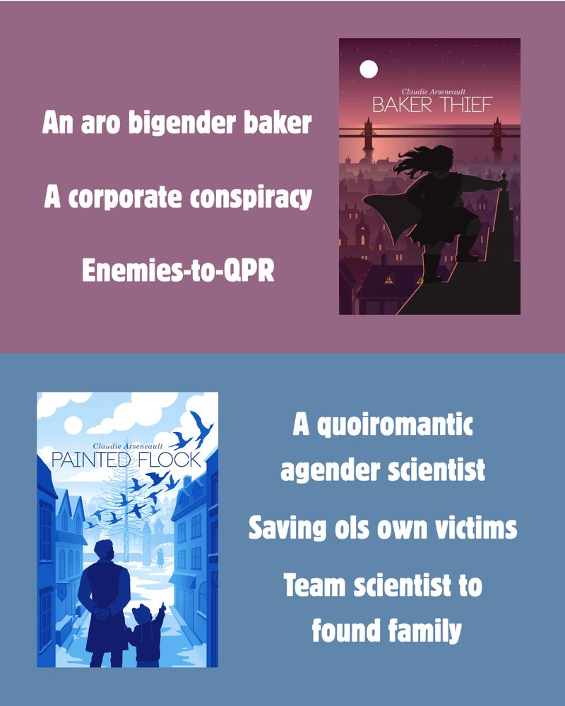 An image split in two, with the upper half dedicated to Baker Thief saying "an aro bigender baker, a corporate conspiracy, enemies-to-QPR" and the bottom half dedicated to Painted Flock, saying "a quoiromantic agender scientist, saving ols victims, team scientist to found family"