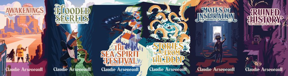 A spread of six cover images that form one continuous canvas. The scenery goes from a red-sand desert (Awakenings) to a lush river valley (Flooded Secret), to a sea-side city (The Sea Spirit Festival), to a whirlpool in the water surrounded by a golden kraken (Stories from the Deep), to a beautifully carved stone corridor with etchings on the wall (Motes of Inspiration), and finally to ruins of stone bathed in deep pink moonlight (Ruined History).