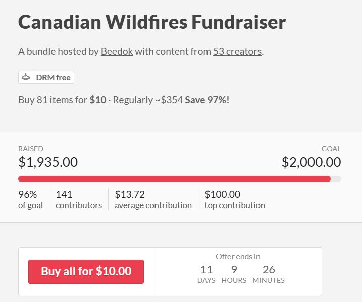 A screenshot of the itchio page for Canadian Wildfires Fundraiser, showing 1935 / 2000 raised. There are 11 days, 9 hours left.