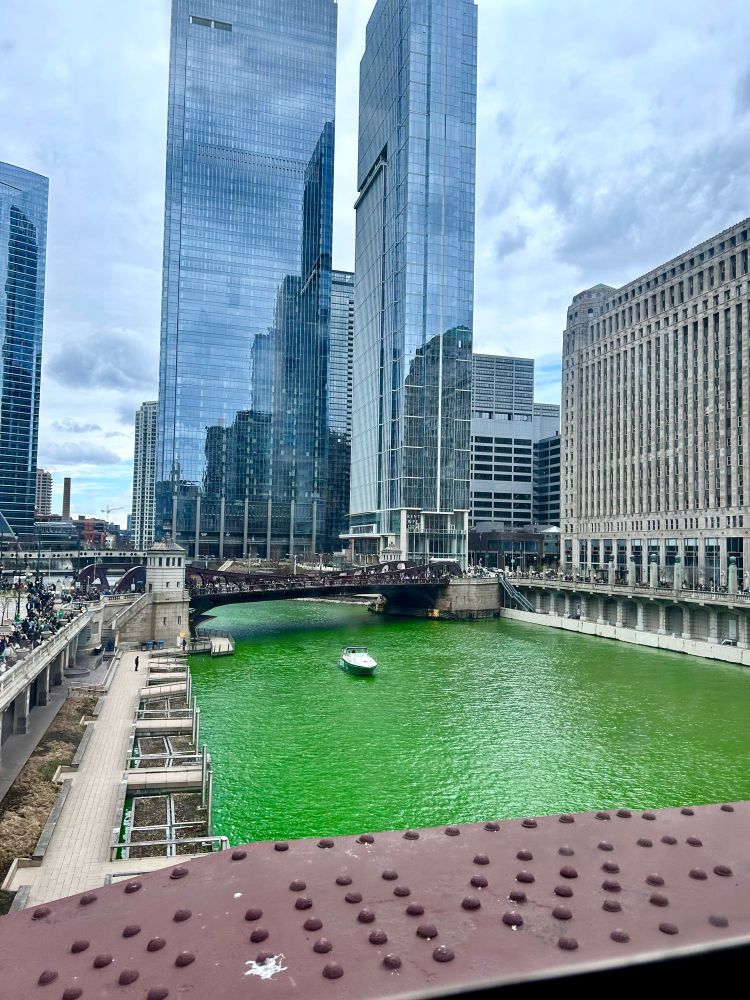 A shot of downtown Chicago while crossing the river, which is dyed an incredibly and unnatural shade of bright green.