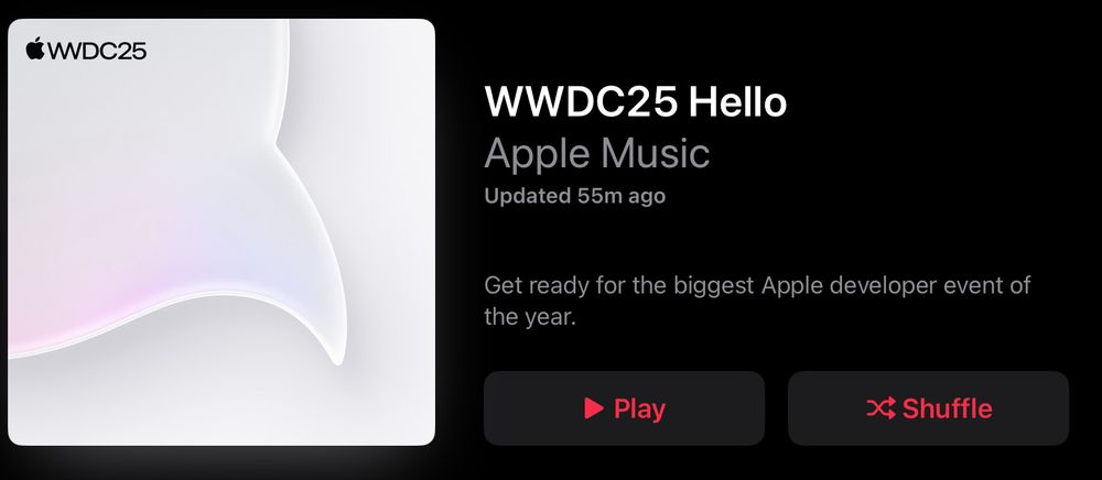 Screenshot from Music App, showing the WWDC25 Hello playlist header from Apple.