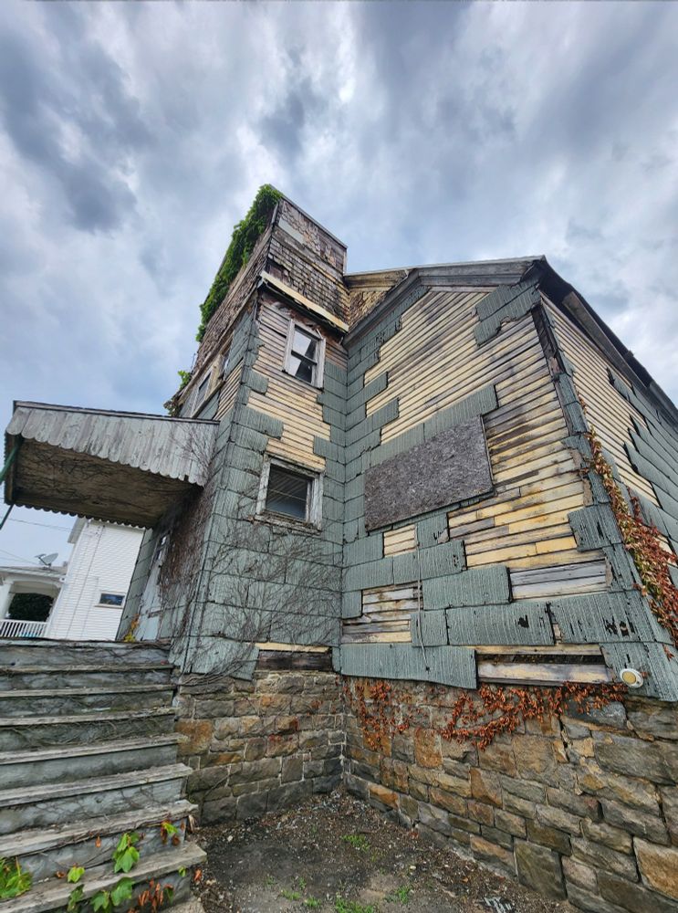 Upshot angle of abandoned church-like building 