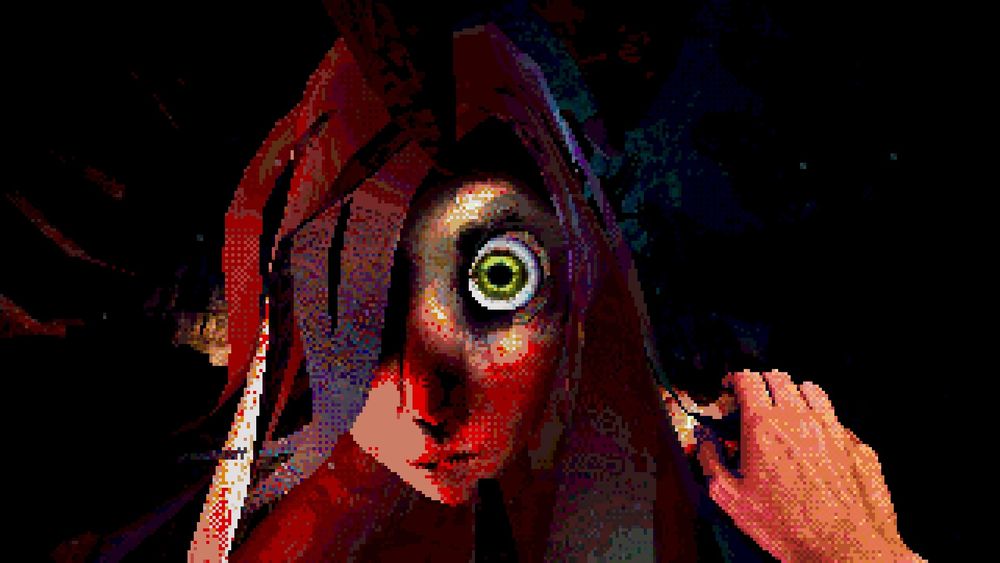 Screenshot from the game Eclipsium showing the protagonist, in 1st person view, being eerily stared down by a fem looking character with long hair, bangs shading part of her face on the left, and one intense green eye locked on them.