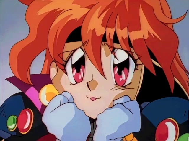 a close up of a cartoon character with red hair and blue gloves