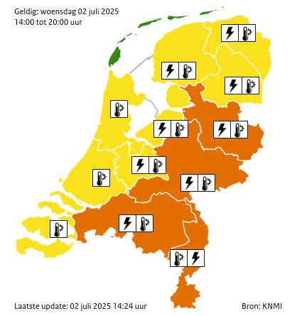 Woensdag waarschuwingen voor hitte en onweersbuien in Nederland. Bron: KNMI