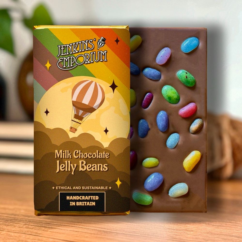 A milk chocolate bar filled with jelly beans. Its packaging includes a hot air balloon flying in front of a rainbow sky.