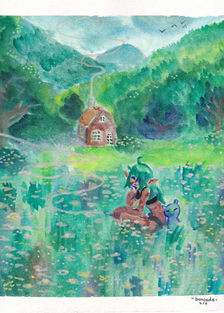 A scan of a watercolor painting. It depicts a vast and lush field of grass and flowers. Behind it is a clearing that a small brown cabin is situated on. Backdropped by a tree-line and mountains. In the field of flowers sits Lilith, a tan woman with green hair taking a smoke break while Gumdrop, her sea angel cat creature nuzzles up to her back.