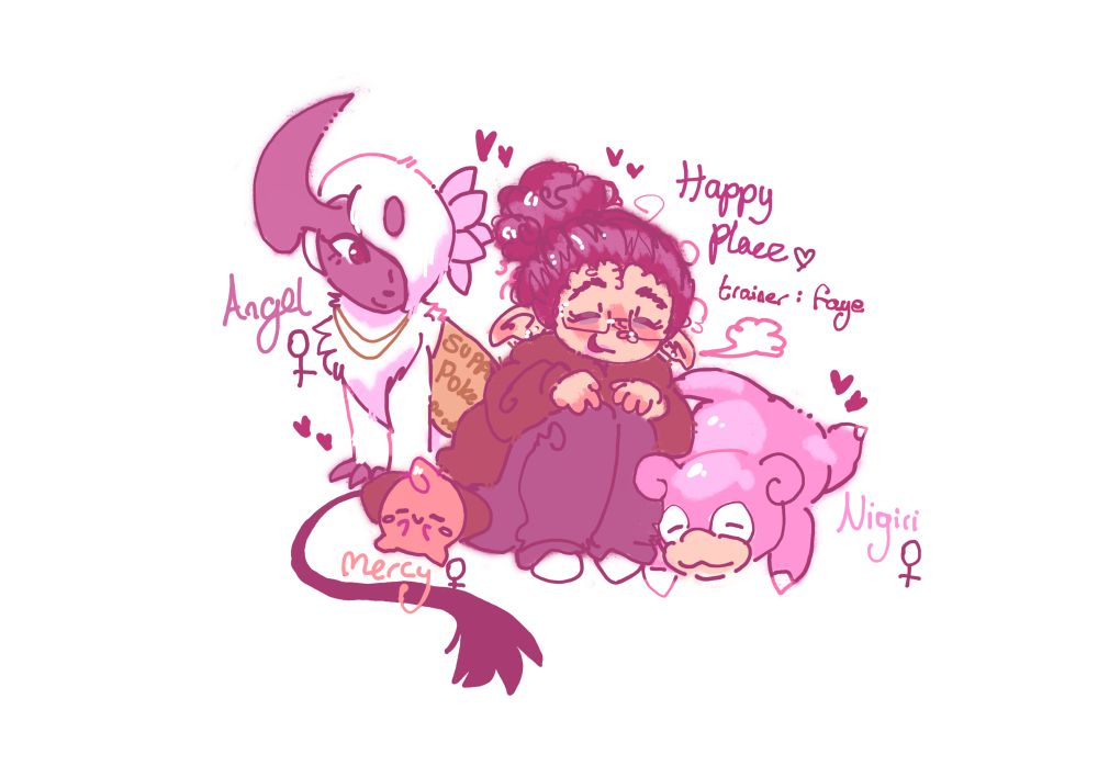 A pink tinted doodle of my persona Faye (pale elf woman with cherry red hair and long black lion’s tail) crouched down next to her party of Nigiri the Slowpoke, Mercy the cleffa and Angel the absol.