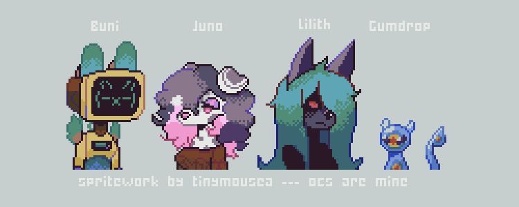 A line up of low resolution pixel icons of my ocs in order.
From the left they are Buni (a robot bunny with a chunky monitor head that displays an ascii bunny), Juno (An anthro dalmatian with curly purple hair with peekaboo pink highlights, pink eyes and nose), Lilith (a dark anthro timber wolf with long straight dull green hair shading her eyes, red eyes peering out) and Gumdrop (sea angel gooey cat thing with a scorpion tail).