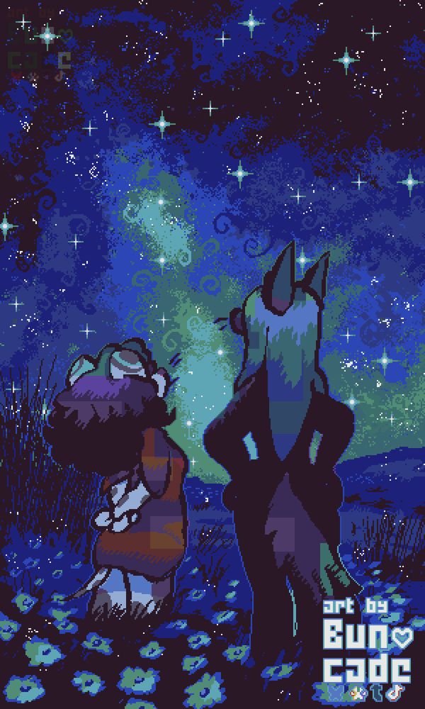 A pixel art scene that shows a vast field of flowers blanketed under the cover of night while green tinted cosmos and stars illuminate the sky. my characters Juno (dalmatian with black curly hair) and Lilith (tall wolf woman with long straight green hair) face away from the viewer as they glance up at the sky.