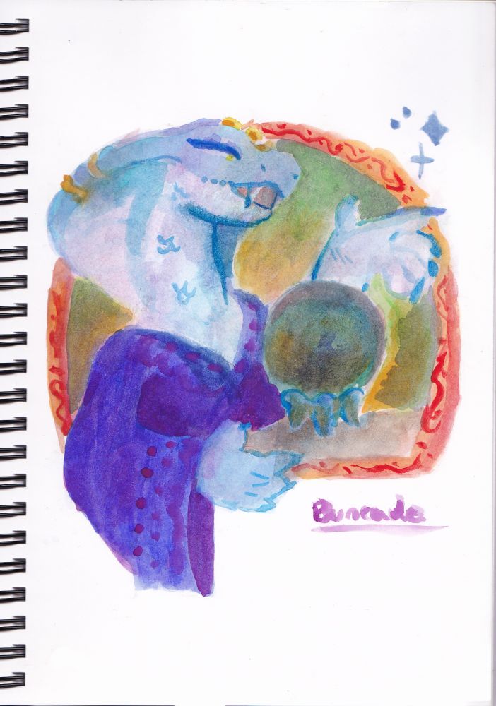 A bust watercolour painting of Moontouched's character Melisandre. She is an anthro royal blue king cobra scrying over an opal orb. 
