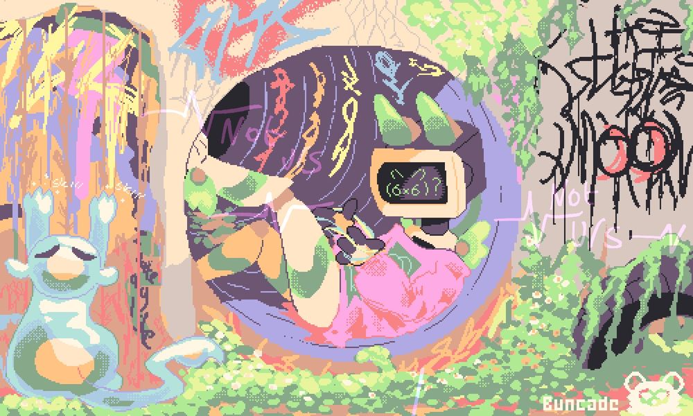 A pixel art pastel scene of my ocs Buni (robot bunny girl with green ears and small green angel wings with a monitor head) and Gumdrop (Sea angel cat dog thing with a scorpion tail). Buni sits in a pipe in a heavily graffiti’d wall. Buni wears a tatted pink sweater. She plays with strings in between her fingers. Gumdrop stretches and scratches at a graffiti filled wooden plank. The scene is decorated by a lush carpet of moss and vines. 