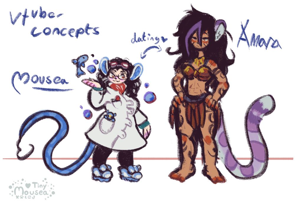 Concept art featuring kemonomimi versions of Mousea and Amara. Mousea is a pale mouse girl with black curly hair, blue polka dotted ears and tail in a lab coat fashioned as a dress. She sewed on patches and wears a green undershirt, red scarf and white and blue sneakers with a pair of goggles on her head. She also wears glasses and has bubbles and fish around her. Amara is a tall, tanned Amazonian snow leopard woman with straight black hair with a purple streak that frames her face. She wears revealing bronze armour as she shows off her tattooed on leopard spots. Her build is muscular.