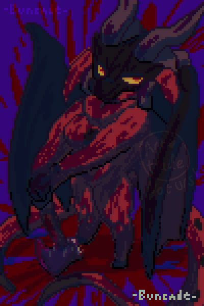 A pixel art illustration of giraffe_reject’s character Finsternisse. A red and black buff goat anthro demon with wings and horns posed with her hands on her battle axe looking up at the viewer. Blood is splattered all over the subject, the weapon and the background.
