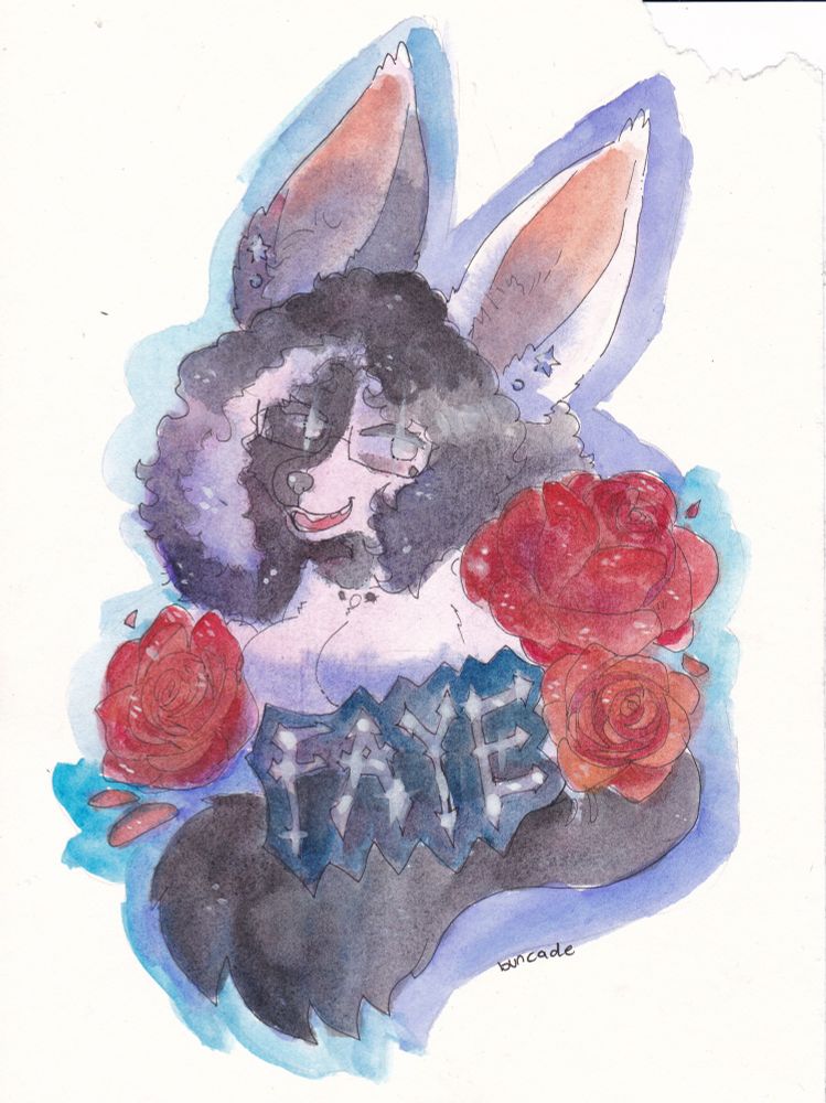 A scan of an inked and watercolored bust of my fursona Faye. A black and white fennec fox. Surrounded by roses and a blackletter nameplate of her name.