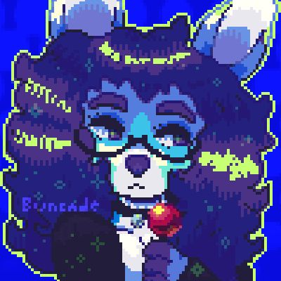 A pixel art icon of my blue deer fursona Shiloh. He holds a red lollipop as he gazes away.