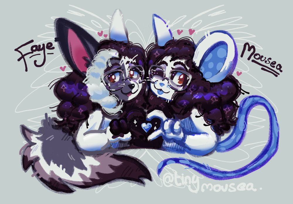 A drawing that features my two fursonas form a heart with their hands. Faye (split black and white fennech fox with curly hair) is on the left and Mousea (white mouse with blue polkadotted ears and tail with curly hair).
