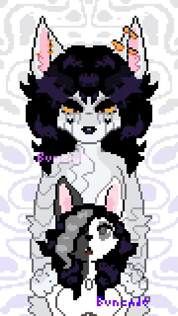 A pixel halfbody of Faye being loomed over by Mira. An arctic fox with swirling patterns on her fur, golden piercings, black hair, hearts on her cheek and running makeup under her piercing yellow eyes.