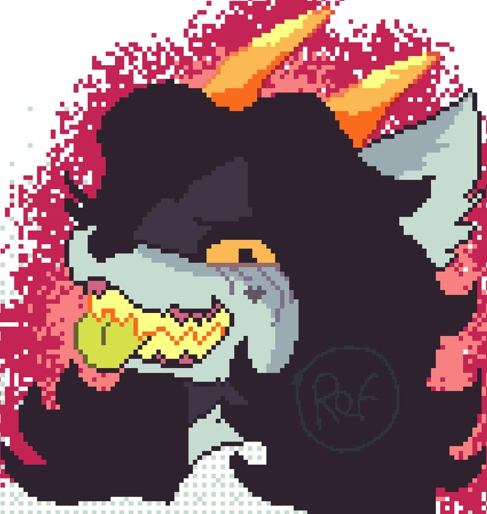 A headshot of Mira (a grey punk arctic) fox grinning evilly with yellow horns coming out of her head. Her face under a heavy shadow as one eye glares down at you. She sticks her green tongue out at you.