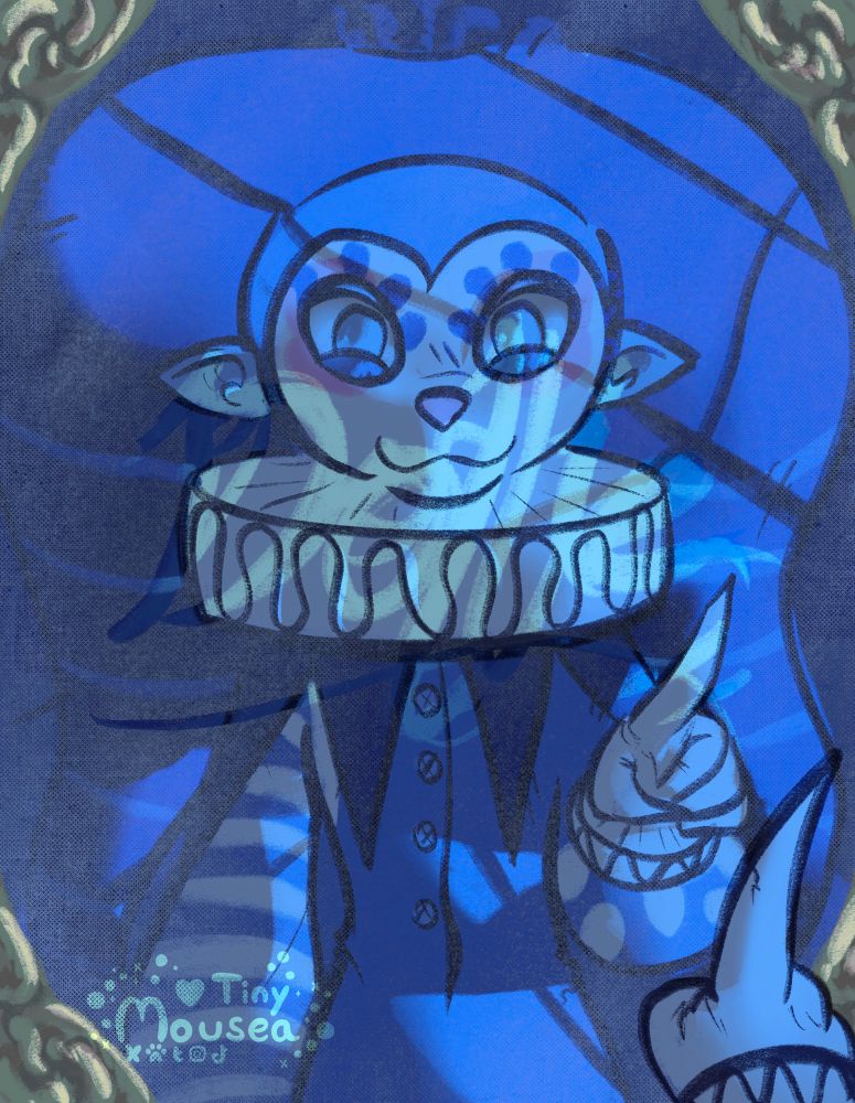 A drawing of my clown character Dollie (a fox masked blue jester with huge blue two tailed jester hat) writing their name on a dusty gold framed mirror in a dark mansion.