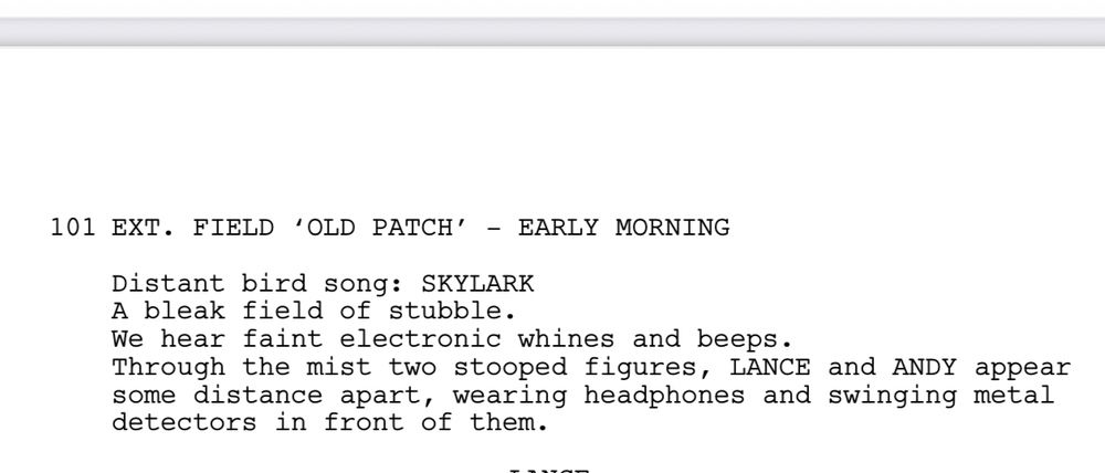 101 EXT. FIELD 'OLD PATCH' - EARLY MORNING
Distant bird song: SKYLARK A bleak field of stubble.
We hear faint electronic whines and beeps.
Through the mist two stooped figures, LANCE and ANDY appear some distance apart, wearing headphones and swinging metal detectors in front of them.