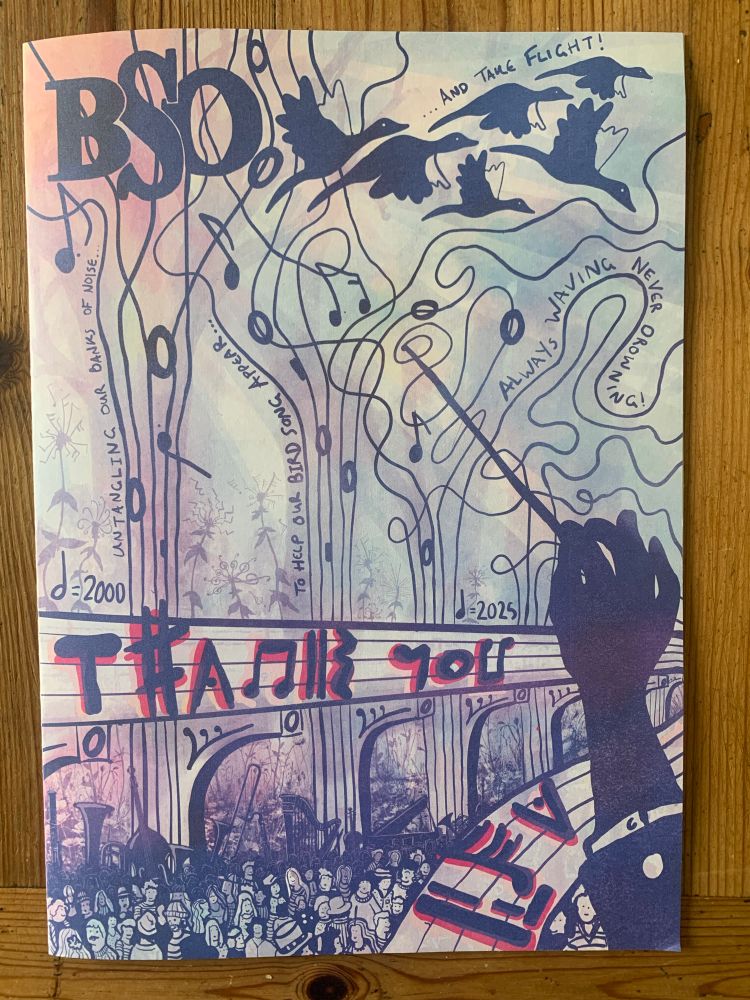 An abstract design, largely in blue, with (among other things) a conductor’s hand, the words ‘thank you’, church pillars outlined by a series of wiggly lines adorned with phrases based on titles of my books, a throng of people listening to a concert.