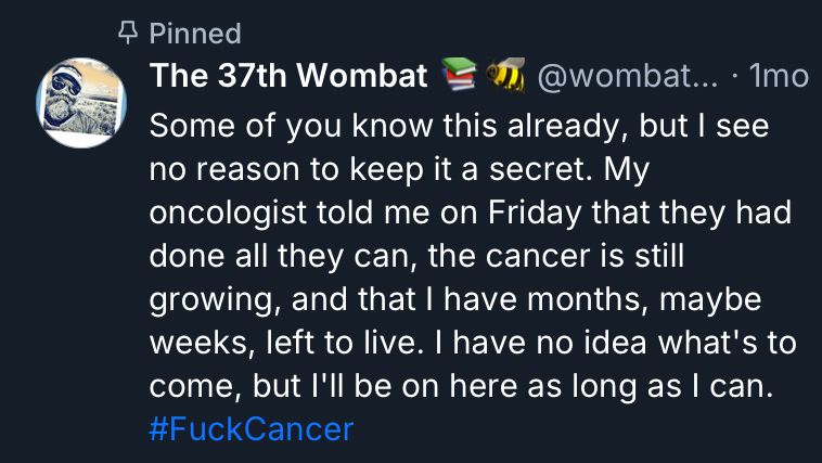 The 37th Wombat (posted 1 month ago)
Some of you know this already, but I see no reason to keep it a secret. My oncologist told me on Friday that they had done all they can, the cancer is still growing, and that I have months, maybe weeks, left to live. I have no idea what's to come, but l'll be on here as long as I can.
#FuckCancer