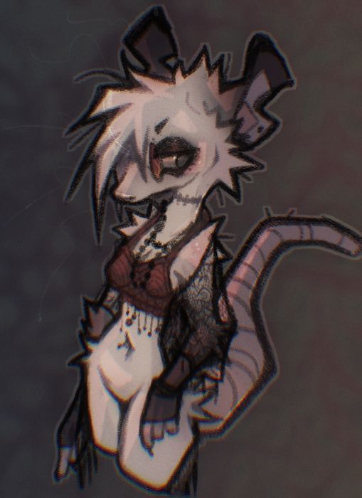 a pale opossum with dark color points and a scraggly tail / fur is posed plainly facing 3/4th forward wearing a red crop, red sunglasses, and a lacey cardigan. they look moody, sport neck stitches, and several necklaces. 