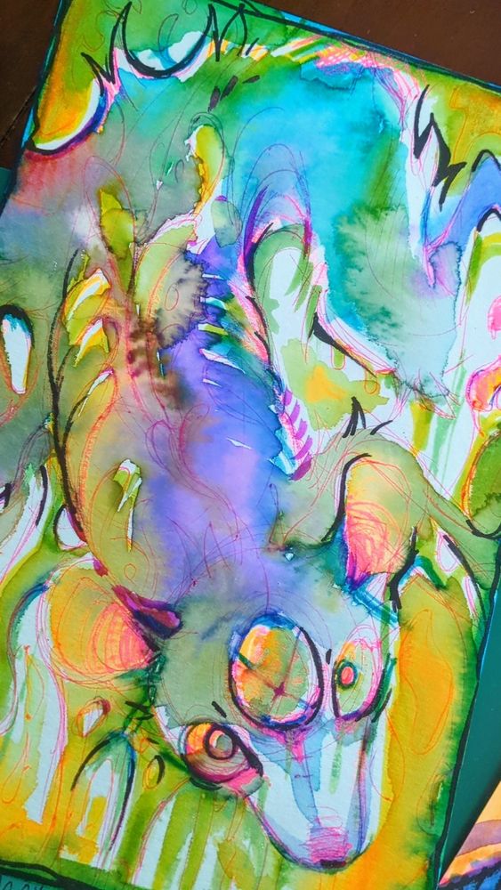 watercolor of a weird 3 eyed goopy melting opossum (?) 