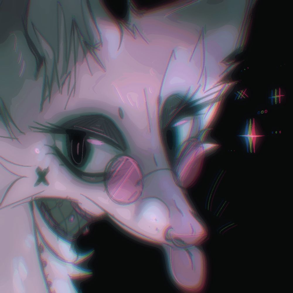 blurry drawing of a fox with eyeshadow and round sunglasses sticking a tongue out n lookin to the side with the suggestion of a raised brow but foxes lack real eyebrows so its just sorta a line also theres some stupid chromatic abberation happening you can notice it in the silly sparkles. she has a fishnet jewel studded choker and other necklace(s). eyes are weird. 