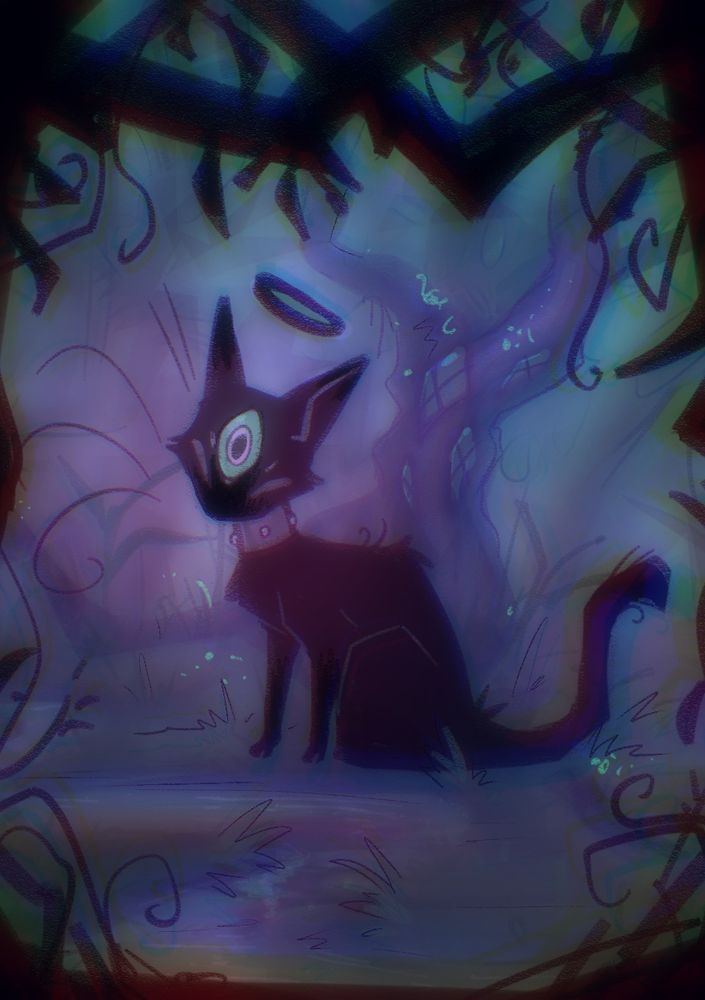 a shadowy blackish cat with darker colorpointing sits in the center of a weird forest, two eyes closed but one large eye in the middle open n staring past you. has a weird glowing shadow halo and thick collar. 