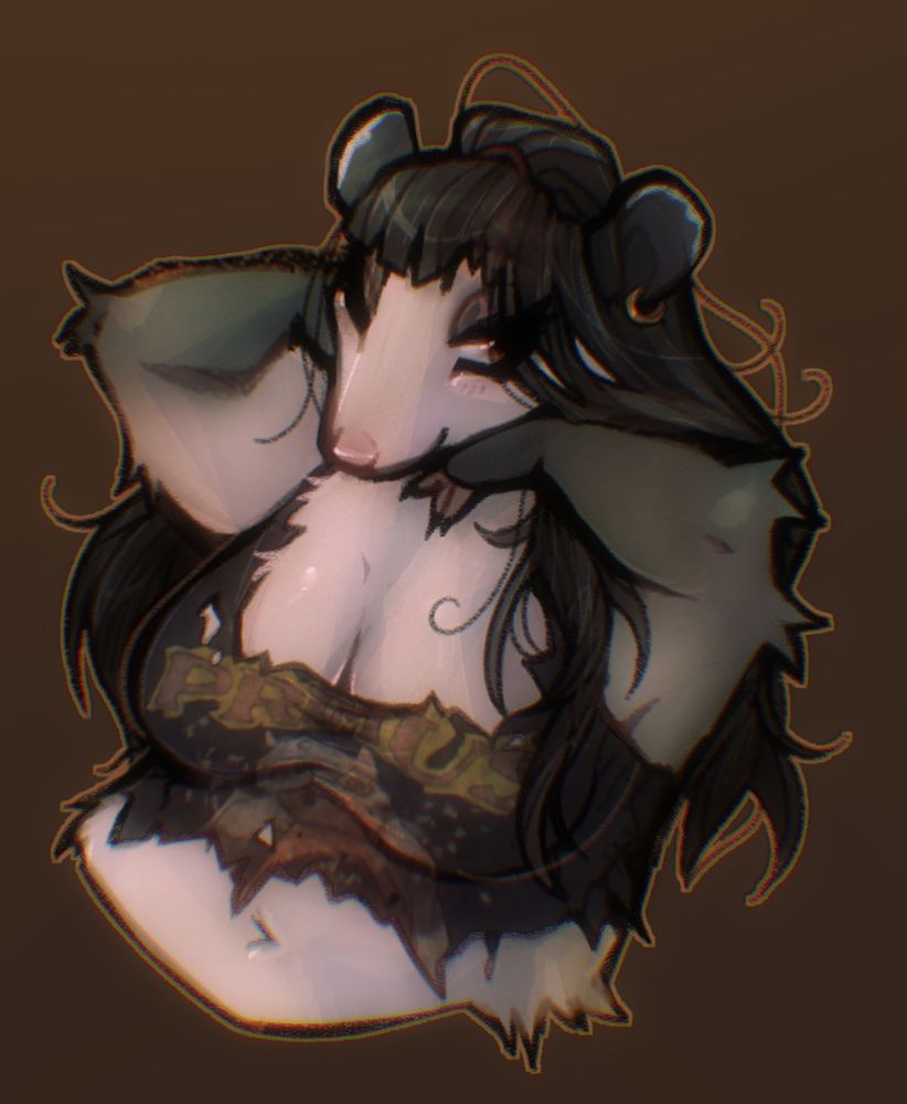 a big beautiful opossum lady with long black silky hair and a coy smile. wearing a primus shirt tattered and sporting a golden hoop. 