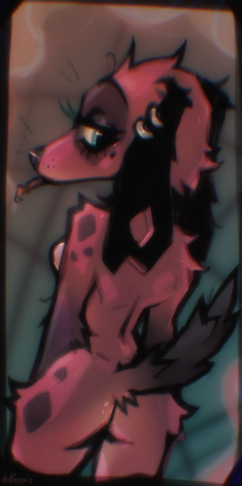 suggestive halfbody pin-up drawing of cherry from animal crossing with her back turned to the viewer. She has cuts in her ear and is smoking a messy cigarette way overdue to be ashed. there is a slight hint that she's likely wearing black thigh highs. 