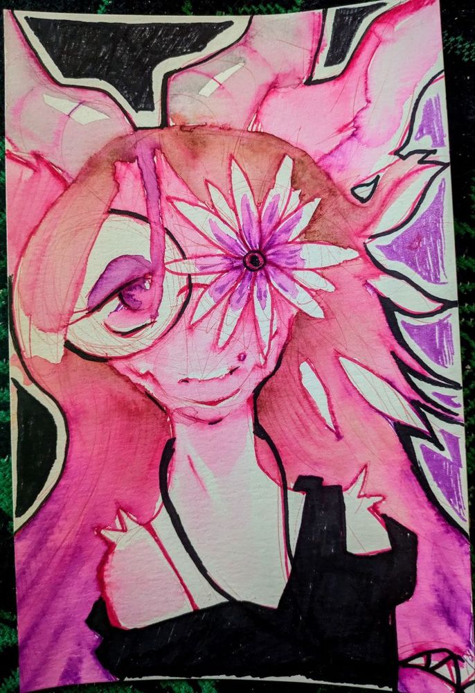 watercolor doodle of a kobold with long light brown hair ombre'd with violet hues and fuzzy shoulders looking forward wearing glasses & a necklace/black shirt, she has a flower coming out of one side and looks a little dazed/happy. 