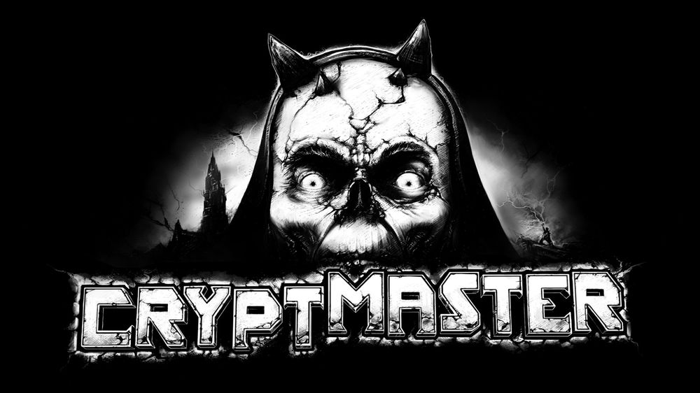 Cryptmaster key art. A skeletal face with cracked skin and horns and a hood looms over the title, cryptmaster