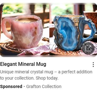 A snippet of an advertisement showing what looks to be two mugs, one carved out of pink quartz, and another made from a carved blue/white mineral with a blurb about buying a "Unique mineral crystal mug- a perfect addition to your collection. Shop today."