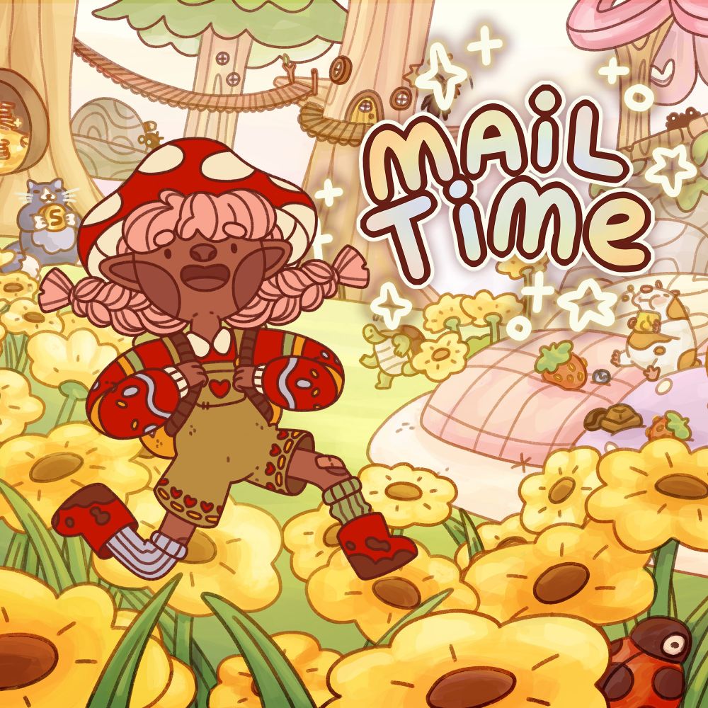 cover art for Mail Time
showing a Mail Scout with a Mushroom hat frolicking through a yellow flower field
