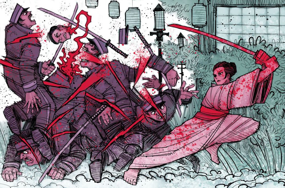 Art of Lady Snowblood slicing up a bunch of dudes. Lots of red cuts and blood.