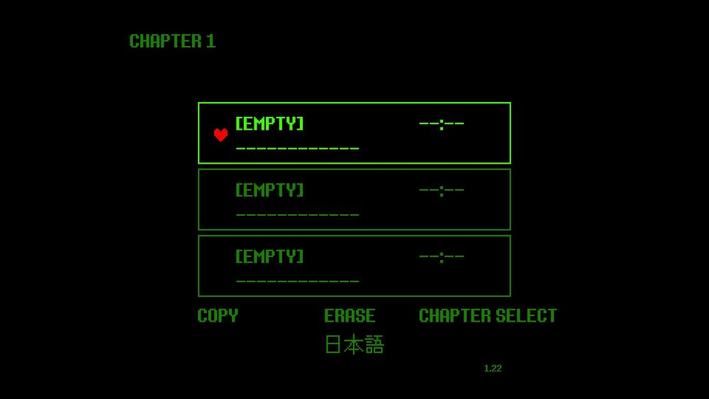 An empty file select screen from deltarune, it shows 3 empty slots in neon green on a black background with the words 'copy', 'select' and 'chapter select' underneath. In the top right it says CHAPTER 1
