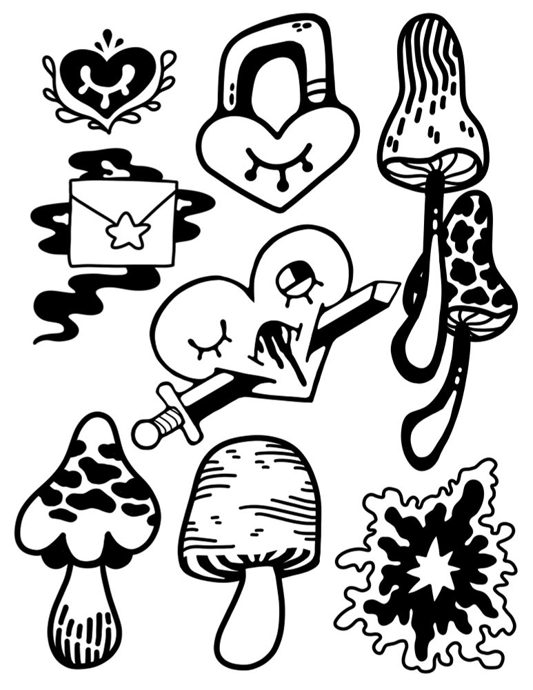 flash sheet of tattoo designs, simple mushrooms, heart with sword through it, envelope, heart locket